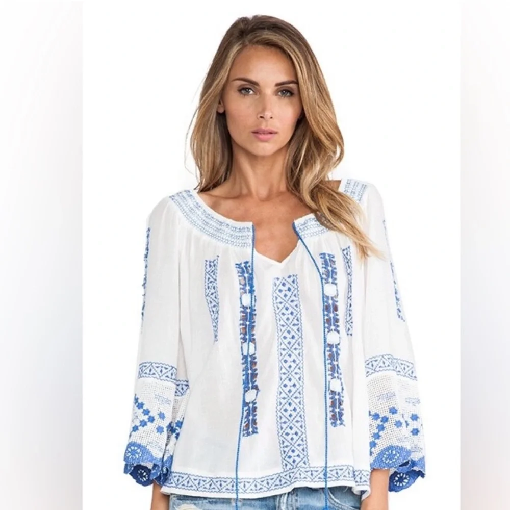 Free People White and Blue Embroidered Blouse - Picture 2 of 12